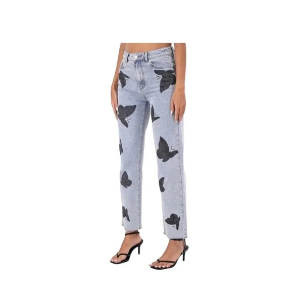 Adika women’s light wash ankle mom jeans with butterflies - Picture 1 of 7